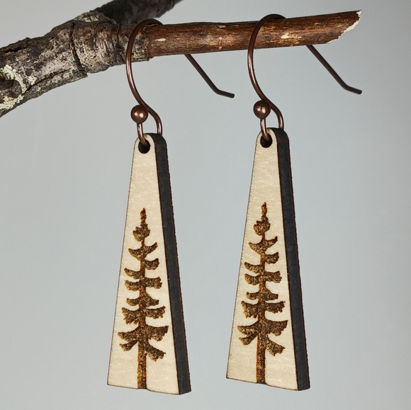 Earth Art hand crafted artisan Jewelry - HAND CRAFTED Rustic Woodland Pine Tree Dangle Earrings